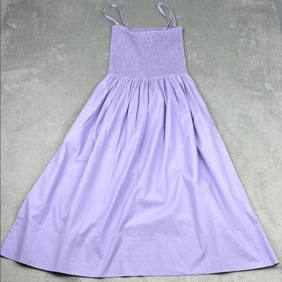 NEW MATE The Label XS/S 100%‎ Organic Cotton Purple Smocked Midi Dress - Picture 1 of 10
